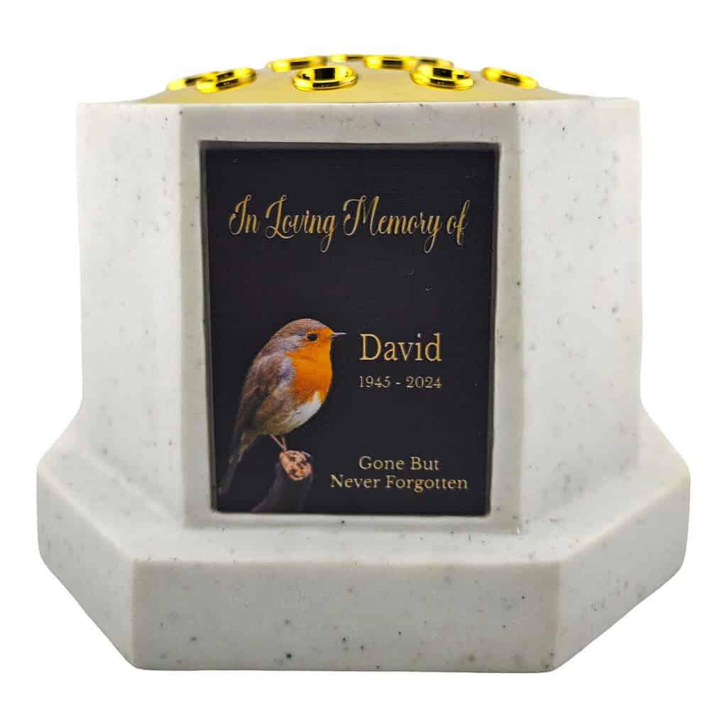 Personalised Robin White Octagon Memorial Rose Bowl Grave Vase with Gold Lid | Custom Grave Flower Holder | In Loving Memory Vase