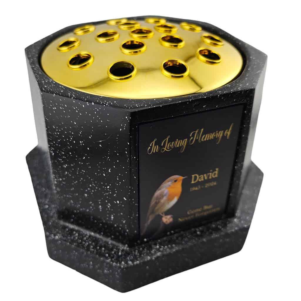 Personalised Robin Black Octagon Memorial Rose Bowl Grave Vase with Gold Lid | Custom Grave Flower Holder | In Loving Memory Vase