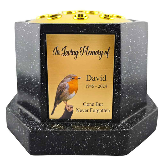 Personalised Robin Black Octagon Memorial Rose Bowl Grave Vase with Gold Lid | Custom Grave Flower Holder | In Loving Memory Vase