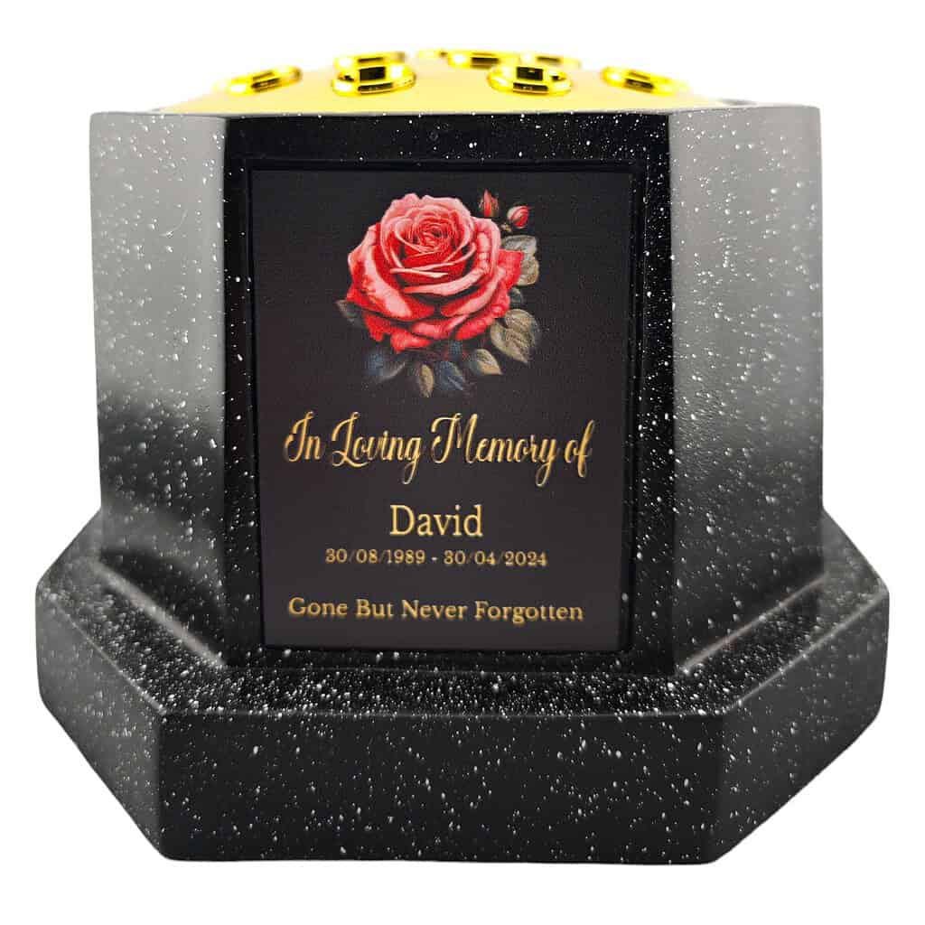 Personalised Rose Black Octagon Memorial Rose Bowl Grave Vase with Gold Lid | Custom Grave Flower Holder | In Loving Memory Vase