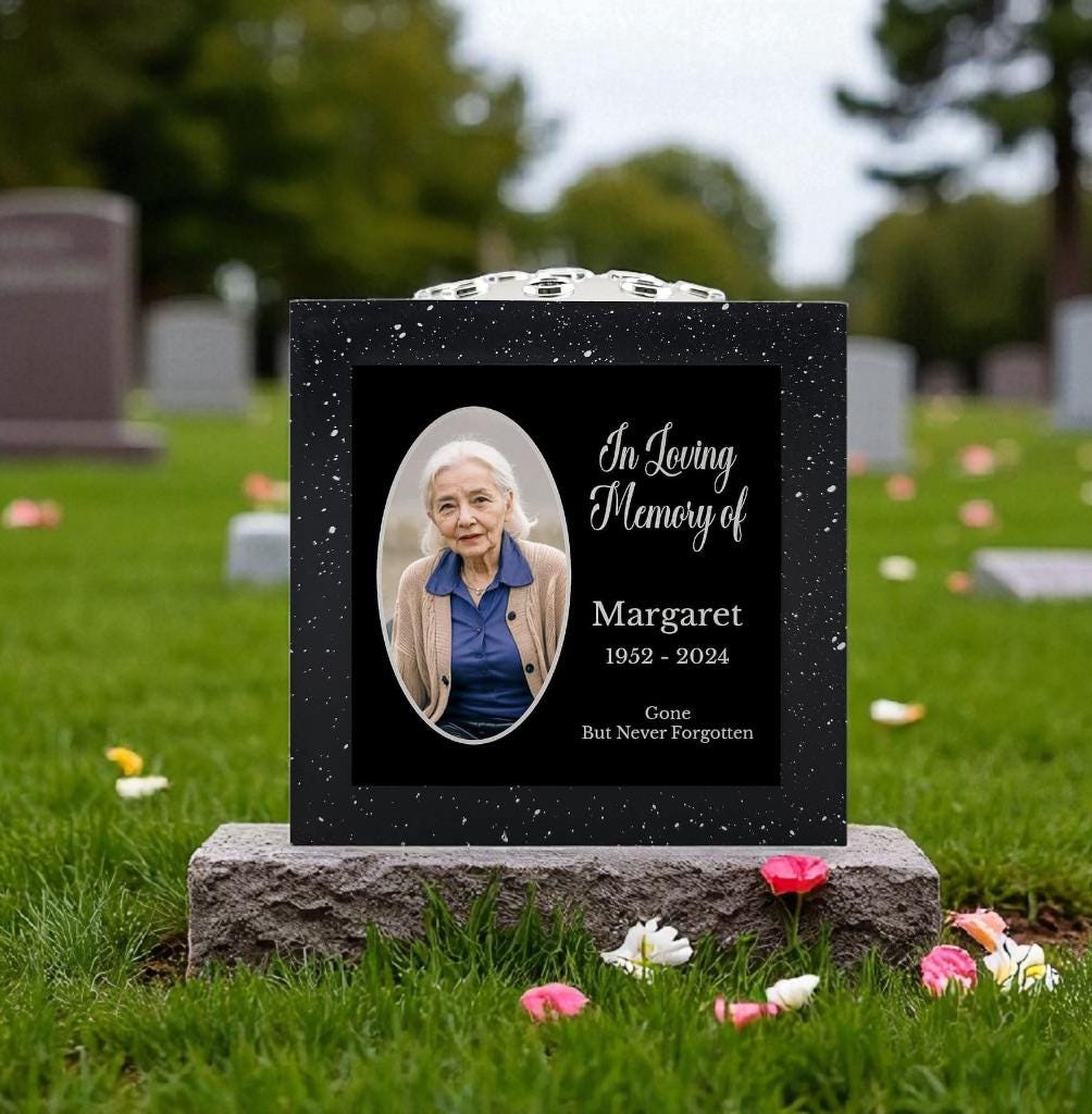 Personalised Photo Memorial Rose Bowl Grave Vase with Silver Lid | Custom In Loving Memory Flower Holder with Picture | Grave Marker Vase