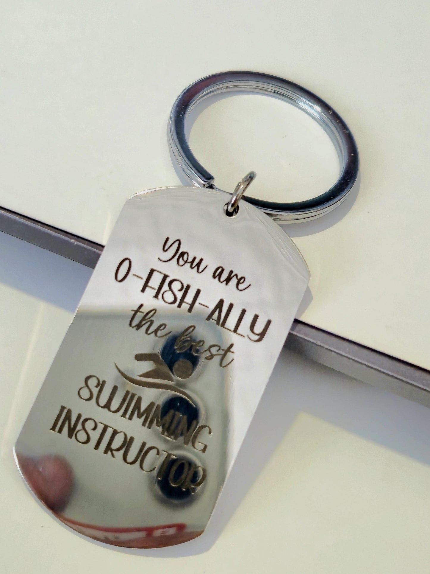 Swimming instructor Keyring. With optional message on the back. Swimming gift.  Can be personalised to different words.