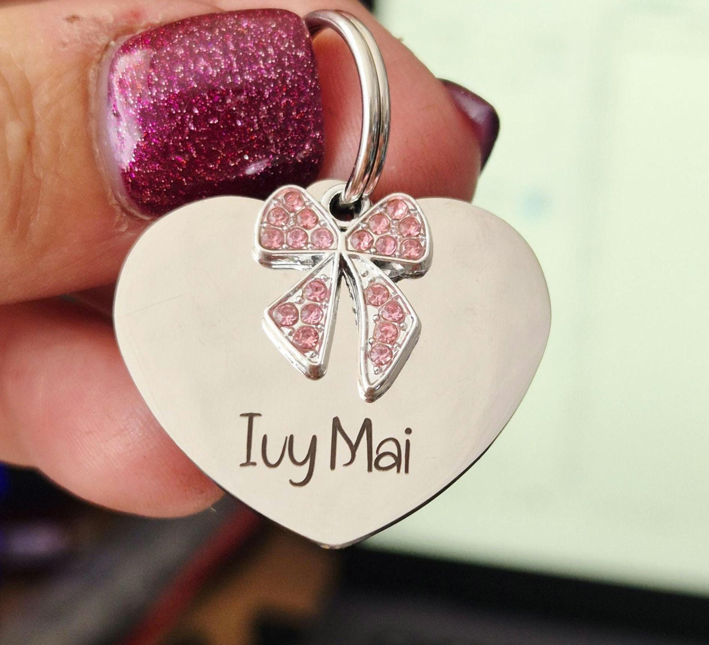 Personalised Pink Bow Charm Pet ID Tag – Heart or Round, Engraved Front & Back, Pretty Blingy Pet Tag. Unique. Pet Jewellery.