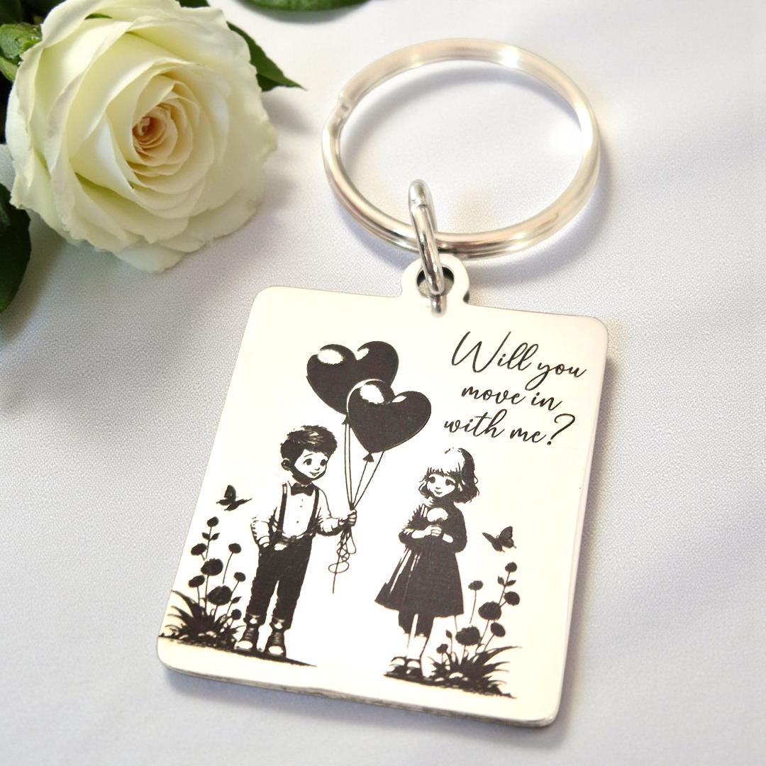Will You Move In With Me Keyring – Cute Couple Design, 30x32mm Stainless Steel Engraved Rectangle, Romantic Proposal Gift, Couples Keychain