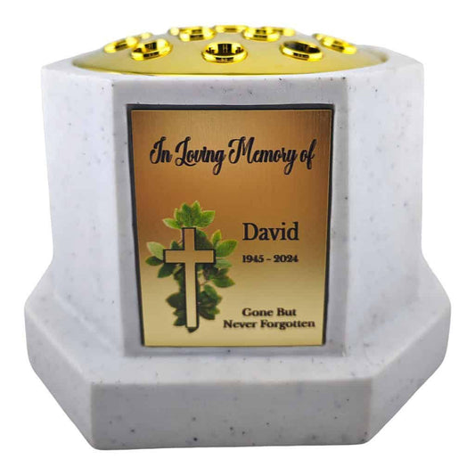 Personalised White Octagon Memorial Rose Bowl Grave Vase with Silver or Gold Lid | Custom Grave Flower Holder | In Loving Memory Cross Vase