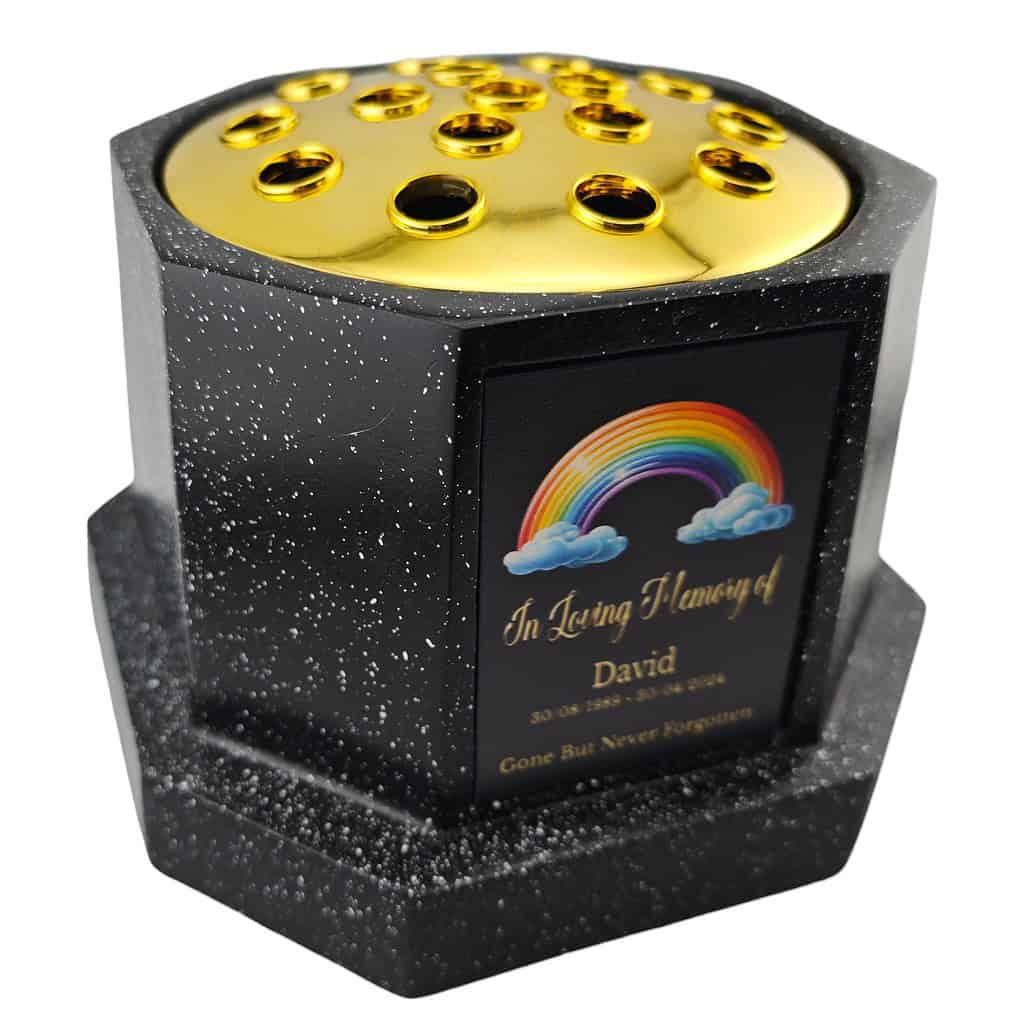 Personalised Rainbow Black Octagon Memorial Rose Bowl Grave Vase with Gold Lid | Custom Grave Flower Holder | In Loving Memory Vase