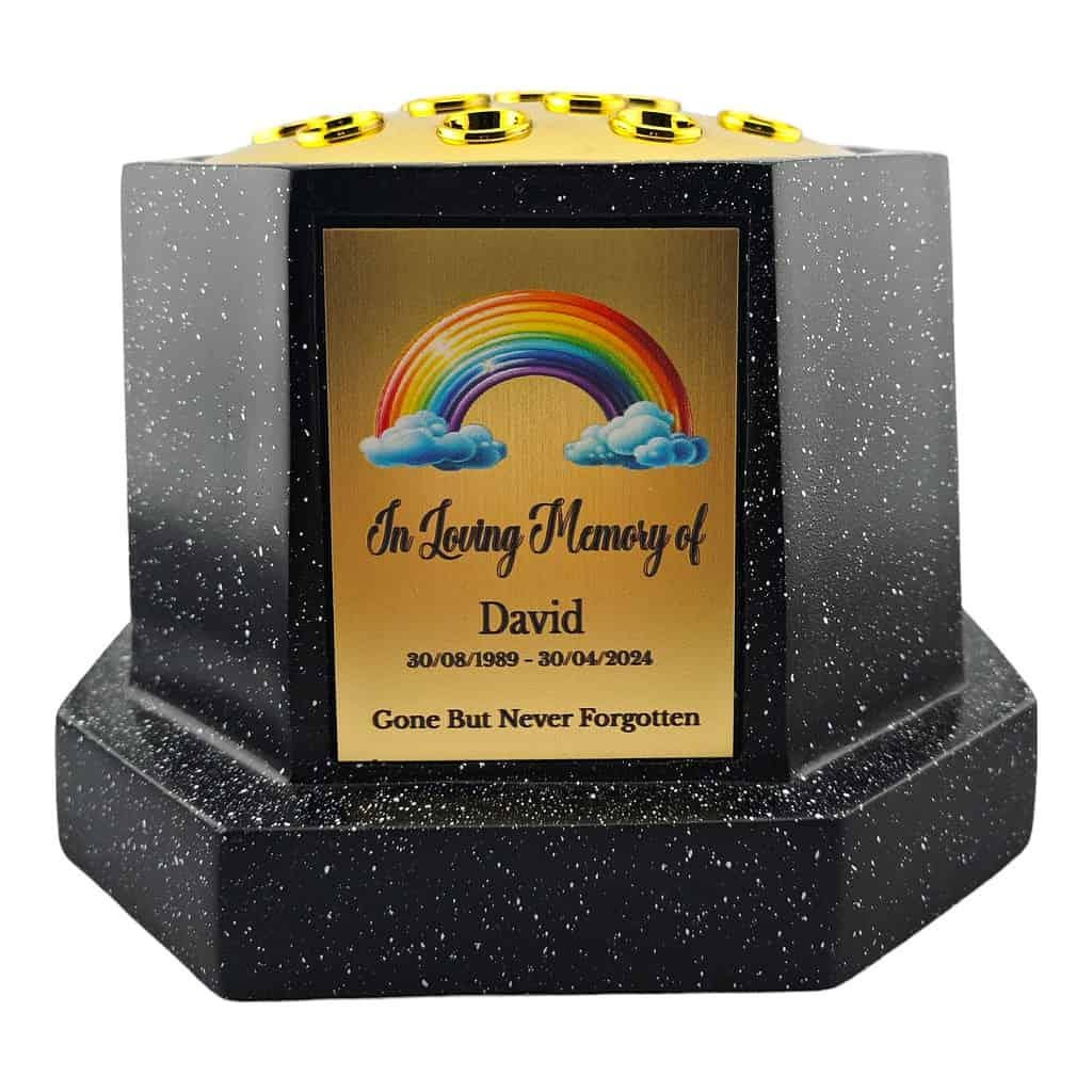 Personalised Rainbow Black Octagon Memorial Rose Bowl Grave Vase with Gold Lid | Custom Grave Flower Holder | In Loving Memory Vase