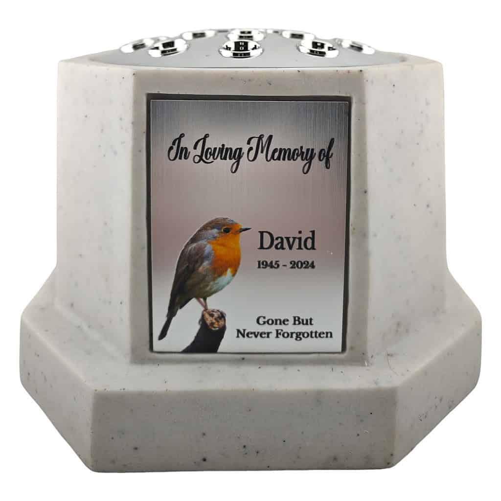 Personalised Robin White Octagon Memorial Rose Bowl Grave Vase with Silver Lid | Custom Grave Flower Holder | In Loving Memory Vase