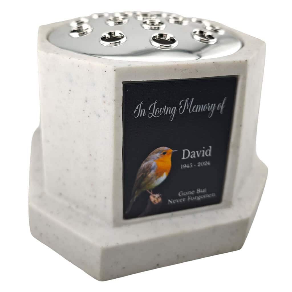 Personalised Robin White Octagon Memorial Rose Bowl Grave Vase with Silver Lid | Custom Grave Flower Holder | In Loving Memory Vase