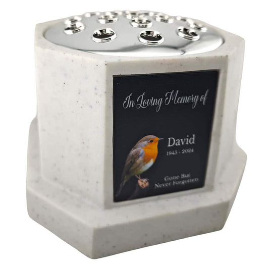 Personalised Robin White Octagon Memorial Rose Bowl Grave Vase with Silver Lid | Custom Grave Flower Holder | In Loving Memory Vase