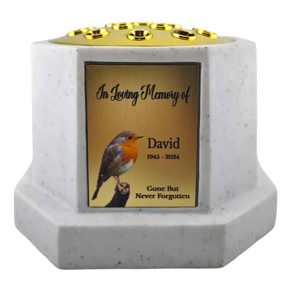 Personalised Robin White Octagon Memorial Rose Bowl Grave Vase with Gold Lid | Custom Grave Flower Holder | In Loving Memory Vase