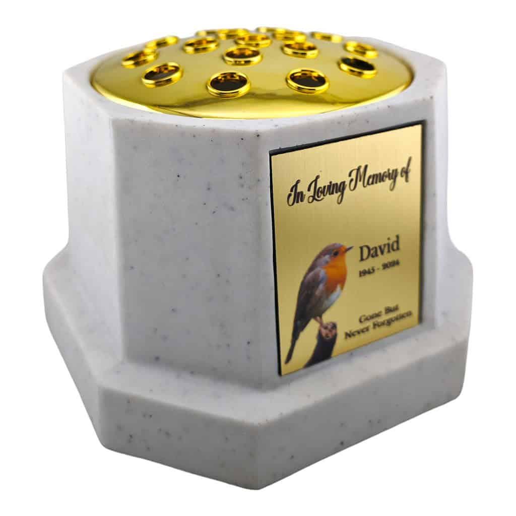 Personalised Robin White Octagon Memorial Rose Bowl Grave Vase with Gold Lid | Custom Grave Flower Holder | In Loving Memory Vase