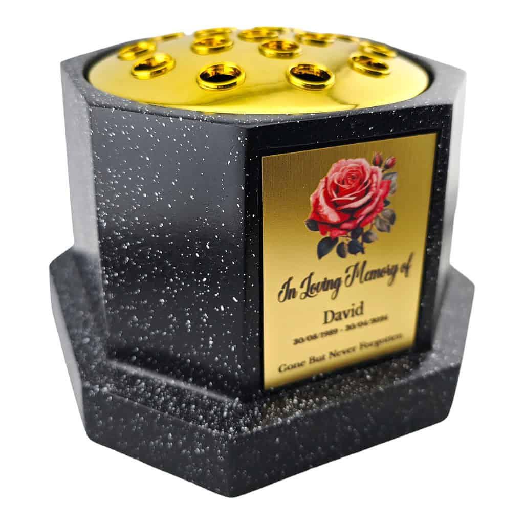 Personalised Rose Black Octagon Memorial Rose Bowl Grave Vase with Gold Lid | Custom Grave Flower Holder | In Loving Memory Vase