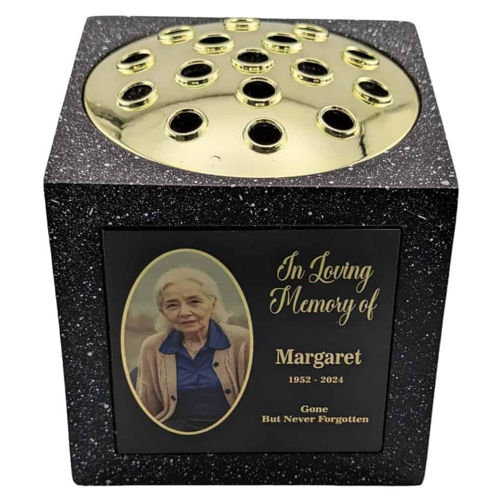 Personalised Photo Memorial Rose Bowl Grave Vase with Gold Lid | Custom In Loving Memory Flower Holder with Picture | Grave Marker Vase