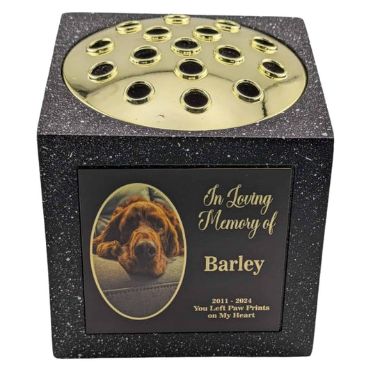 Personalised Pet Photo Memorial Rose Bowl Grave Vase with Gold Lid | Custom In Loving Memory Pet Loss Tribute | Dog Cat Memorial Vase