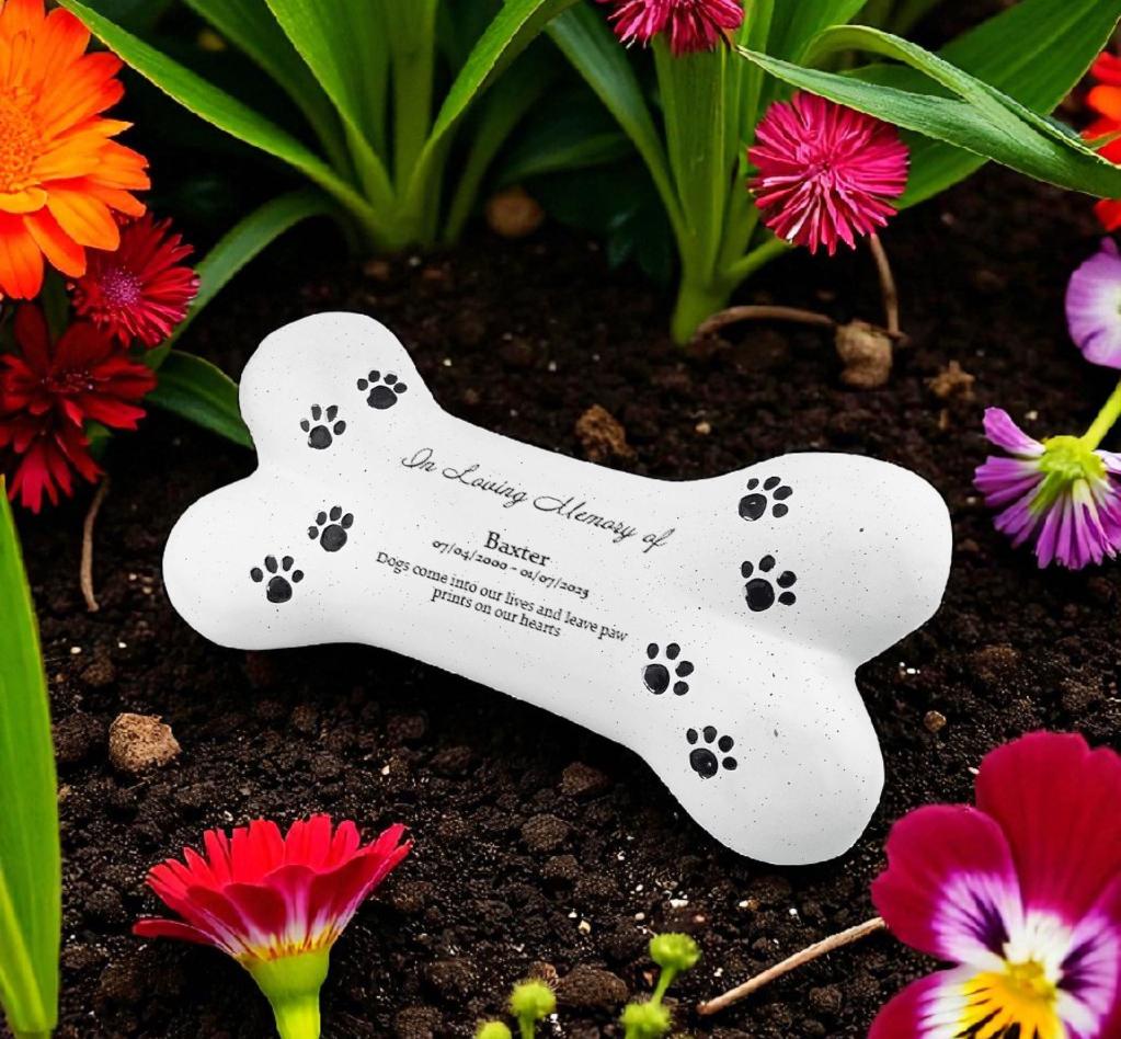 Personalised Dog Bone Pet Memorial with Paw Print Design | Custom In Loving Memory Resin Grave Marker | Pet Loss Tribute
