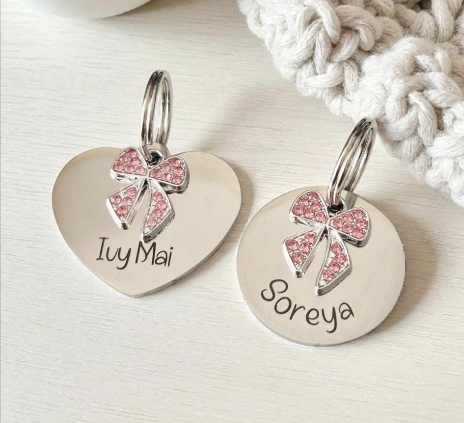 Personalised Pink Bow Charm Pet ID Tag – Heart or Round, Engraved Front & Back, Pretty Blingy Pet Tag. Unique. Pet Jewellery.