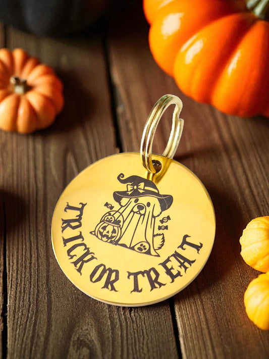 Halloween Trick or Treat Pet ID Tag – Custom Engraved Stainless Steel Dog Cat Tag – Silver, Gold, Rose Gold or Black
