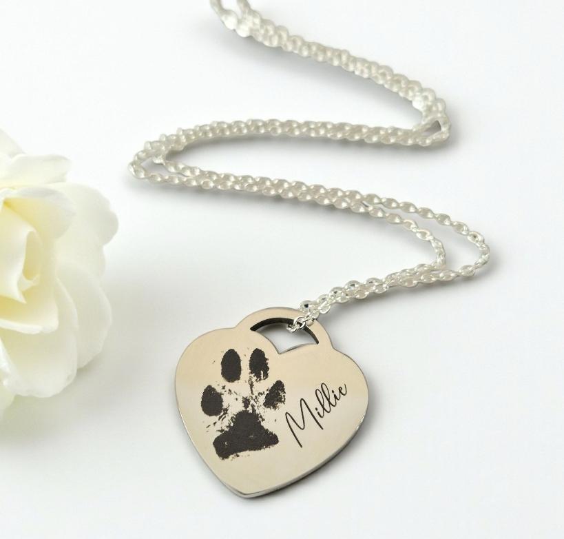 Personalised Heart Lock Necklace – 25mm Stainless Steel | Photo, Paw Print or Nose Print | Silver, Gold or Rose Gold Gift for Her