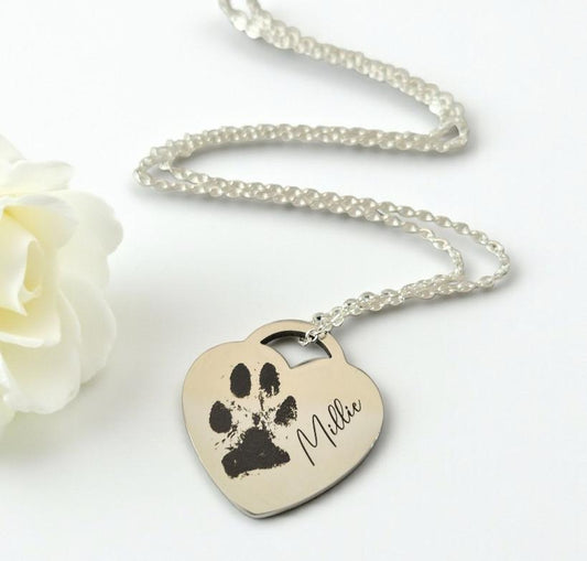 Personalised Heart Lock Necklace – 25mm Stainless Steel | Photo, Paw Print or Nose Print | Silver, Gold or Rose Gold Gift for Her