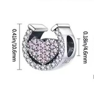 Sterling Silver Pink & Silver Sparkly Horseshoe Charm – Pandora Style Bead, 3mm Core – Horse Lover Gift, Equestrian Jewellery