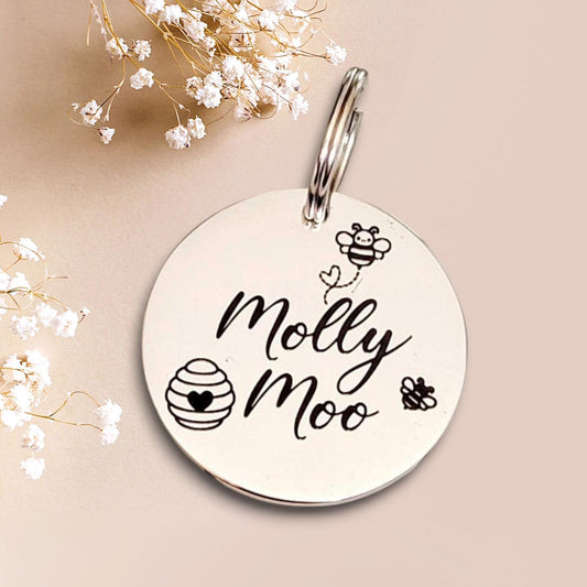 Bumble bee design.  Pet ID tags laser engraved,  stainless steel available in silver, gold and rose gold