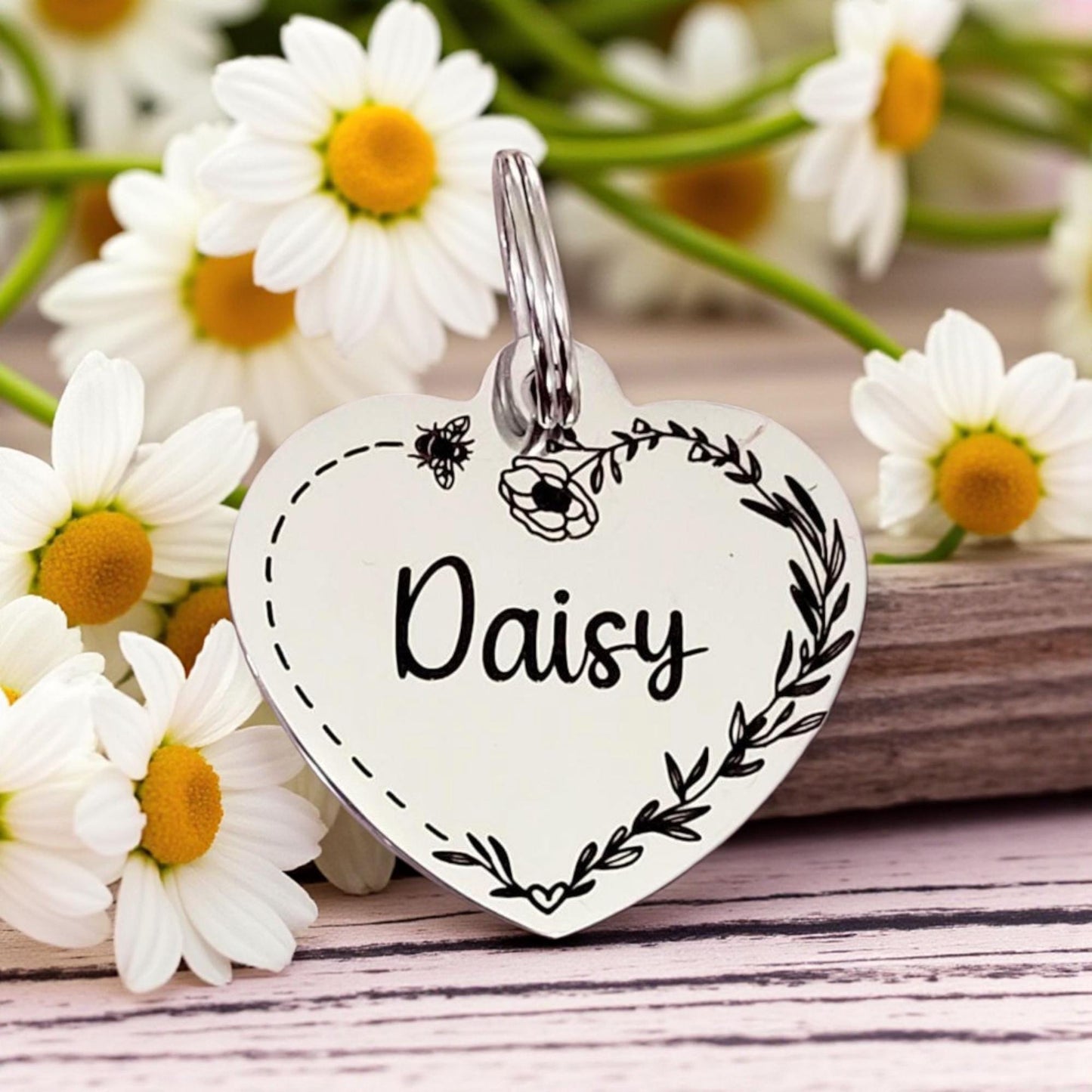 Bumblebee heart design pet ID tag, laser engraved, available in silver, gold, rose gold  and Black.