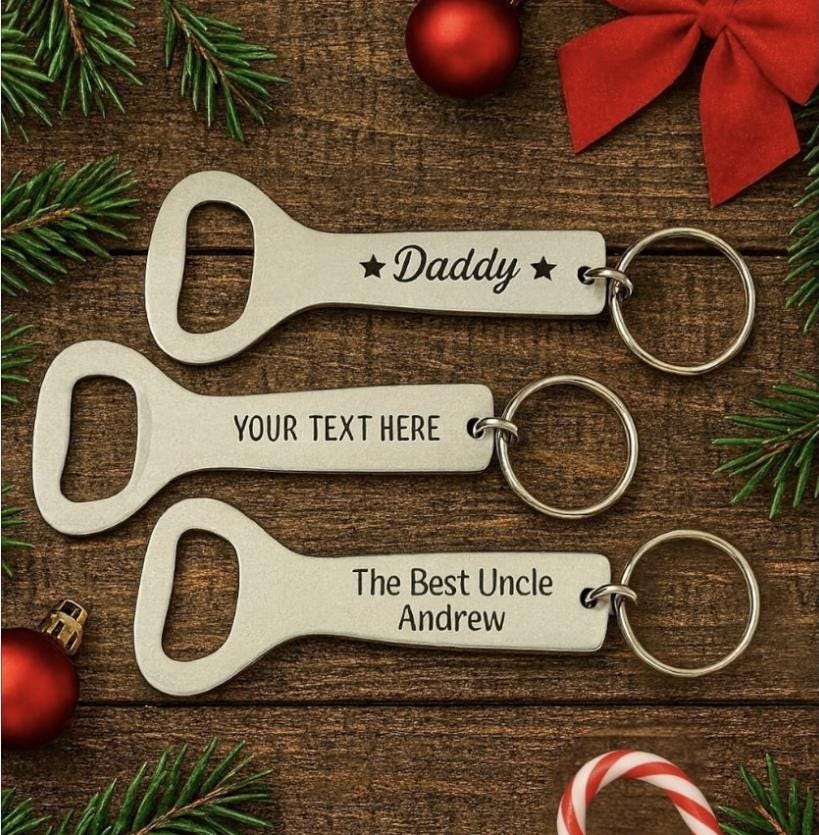 Personalised Aluminium Bottle Opener Keyring – Custom Text Gift – Christmas Stocking Filler for Dad, Uncle, Brother or Friend