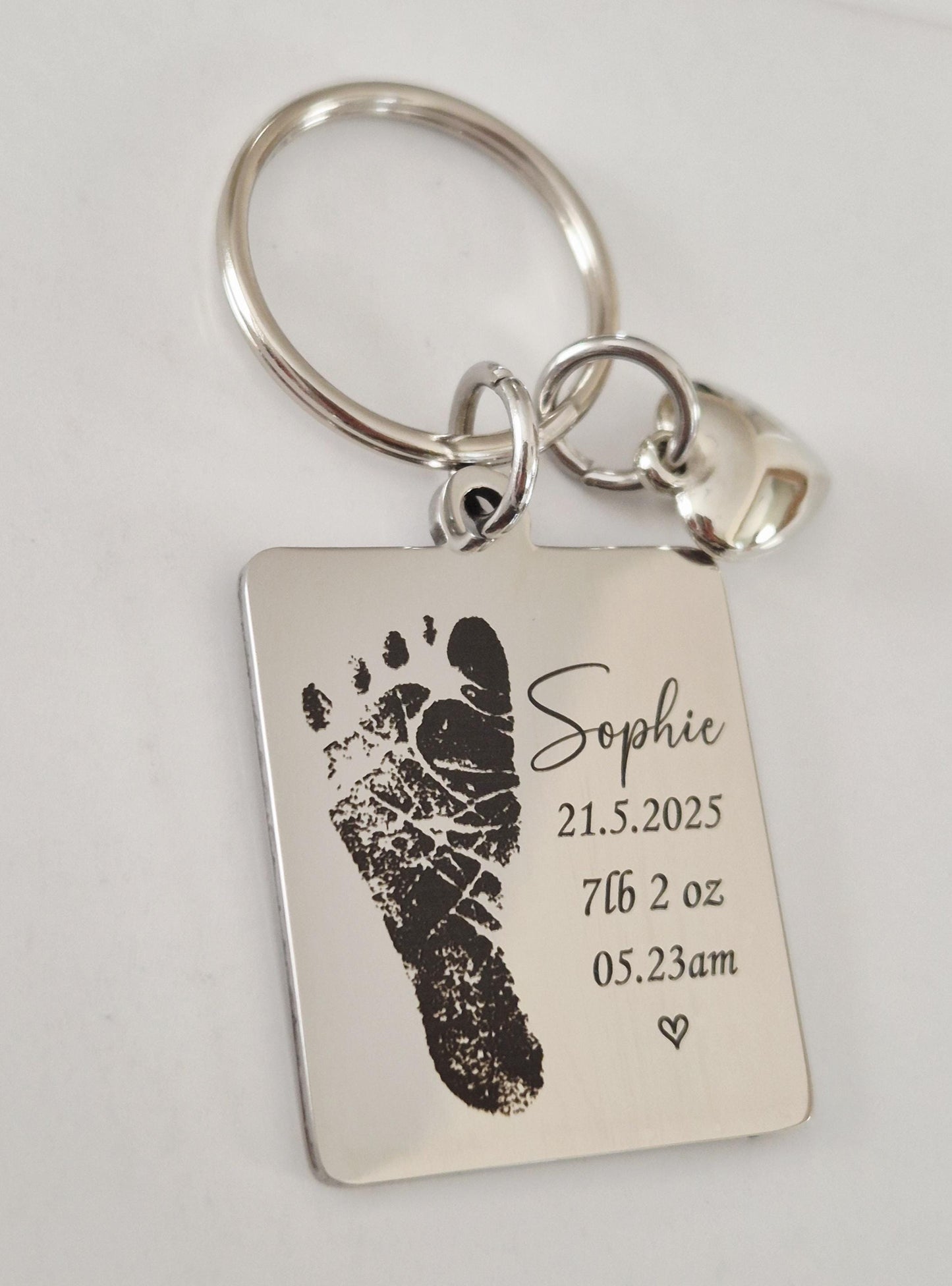 Personalised Baby or Child Footprint Keyring | 30x32mm Stainless Steel | Newborn Gift | Birth Details Keepsake | Actual Print Engraved