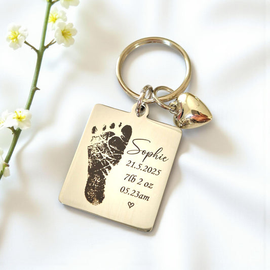 Personalised Baby or Child Footprint Keyring | 30x32mm Stainless Steel | Newborn Gift | Birth Details Keepsake | Actual Print Engraved