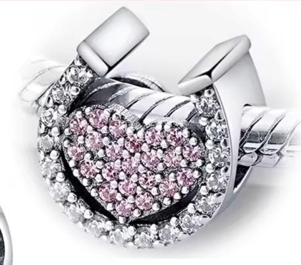 Sterling Silver Pink & Silver Sparkly Horseshoe Charm – Pandora Style Bead, 3mm Core – Horse Lover Gift, Equestrian Jewellery