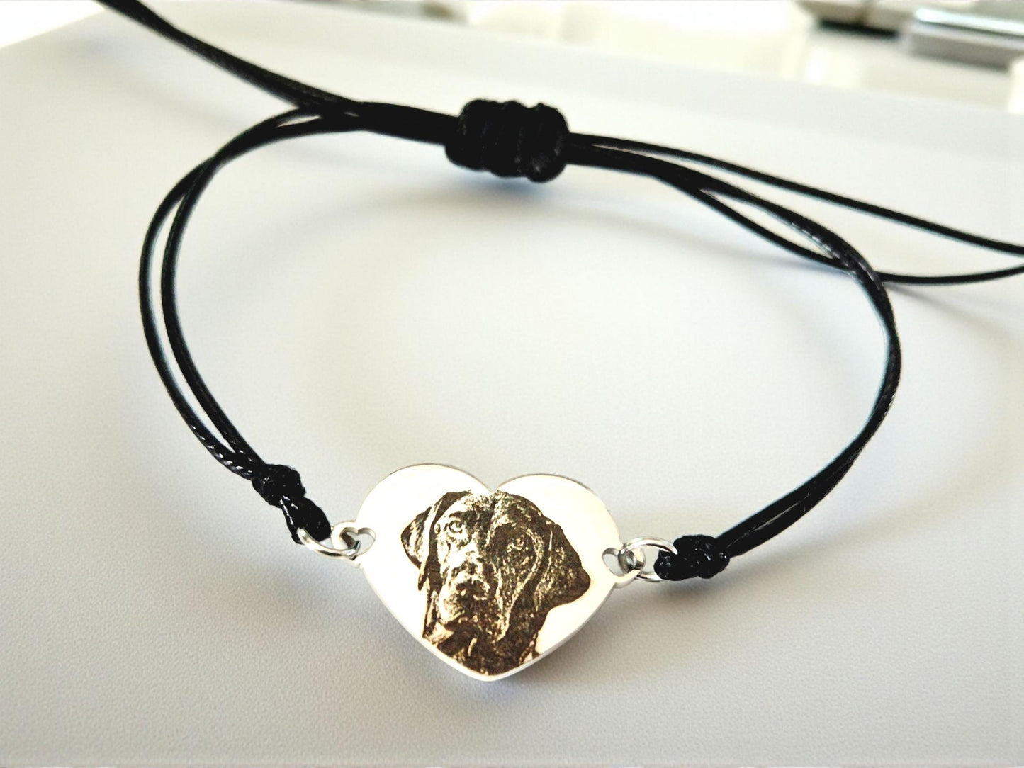 Personalised Photo Heart Bracelet – Adjustable Waxed Cord | Stainless Steel Silver, Gold or Rose Gold| Engraved Paw, Nose, Hand or Footprint