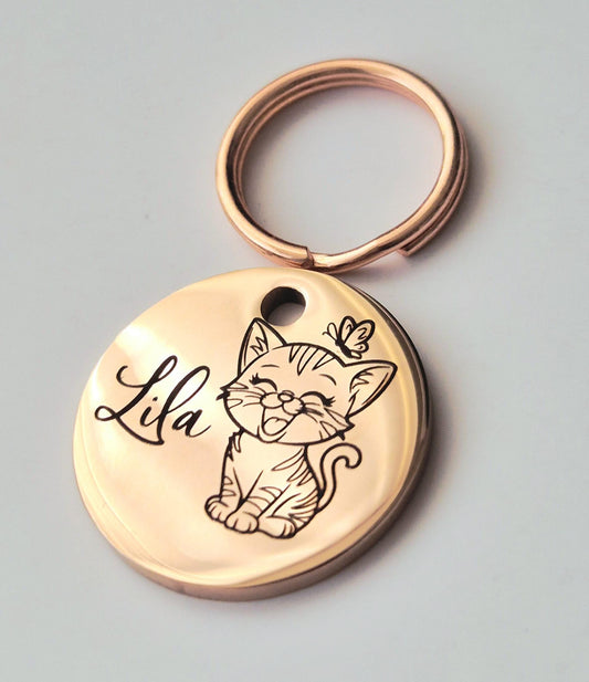 Tiny 20mm cat kitten ID tags laser engraved,  stainless steel available in silver, gold and rose gold. 14 cats to choose from.