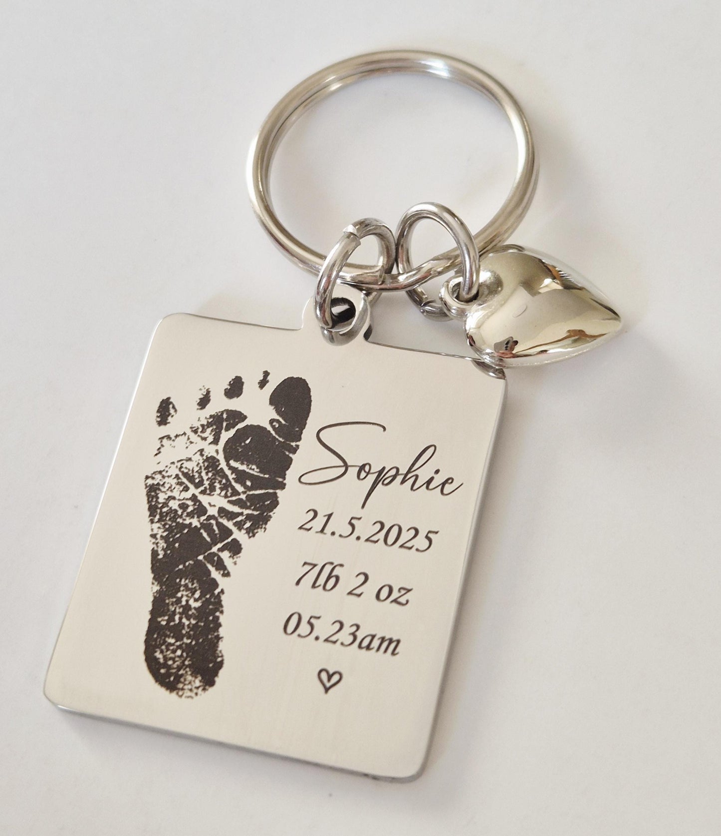 Personalised Baby or Child Footprint Keyring | 30x32mm Stainless Steel | Newborn Gift | Birth Details Keepsake | Actual Print Engraved