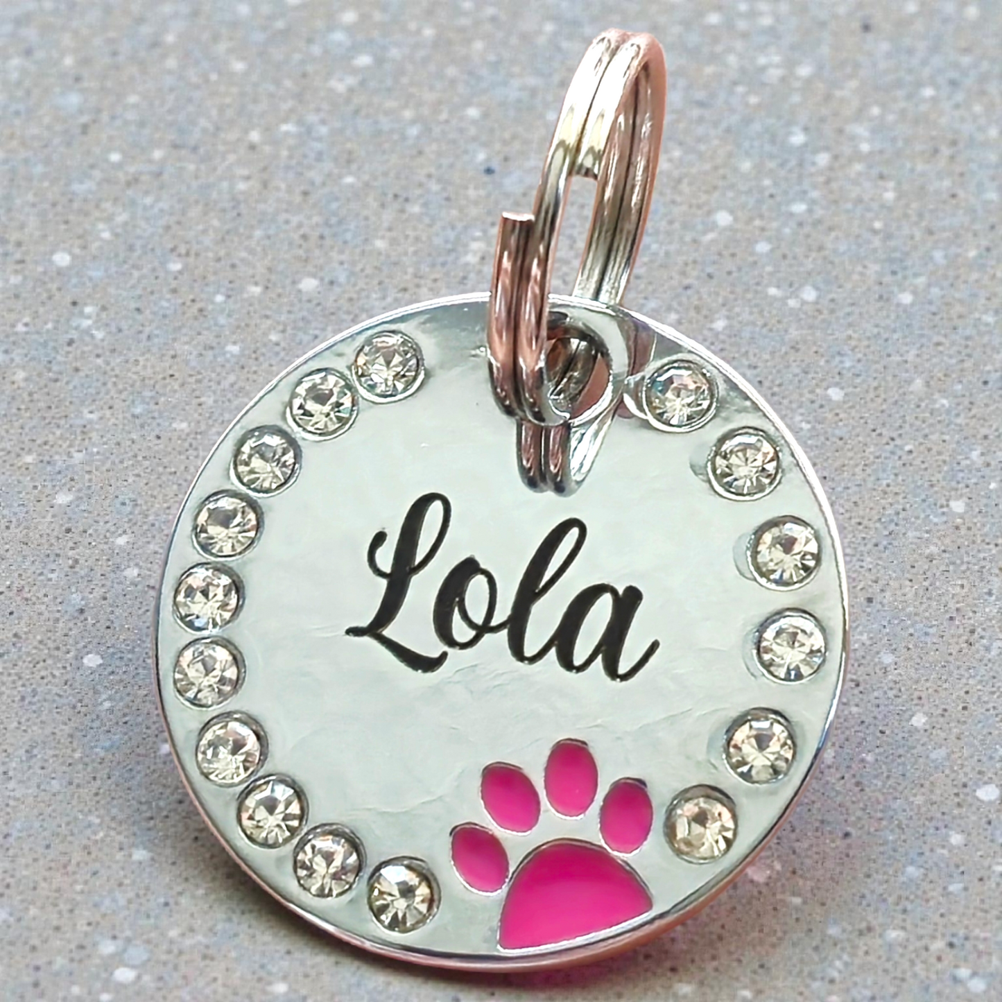 Sparkly coloured paw with diamonte dog or cat ID tag, laser engraved.
