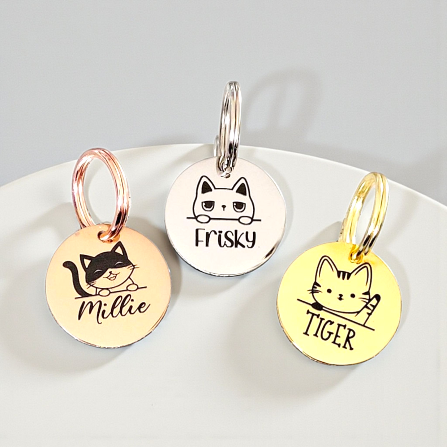 Tiny 20mm cat kitten ID tags laser engraved,  stainless steel available in silver, gold and rose gold. 32 cats to choose from.