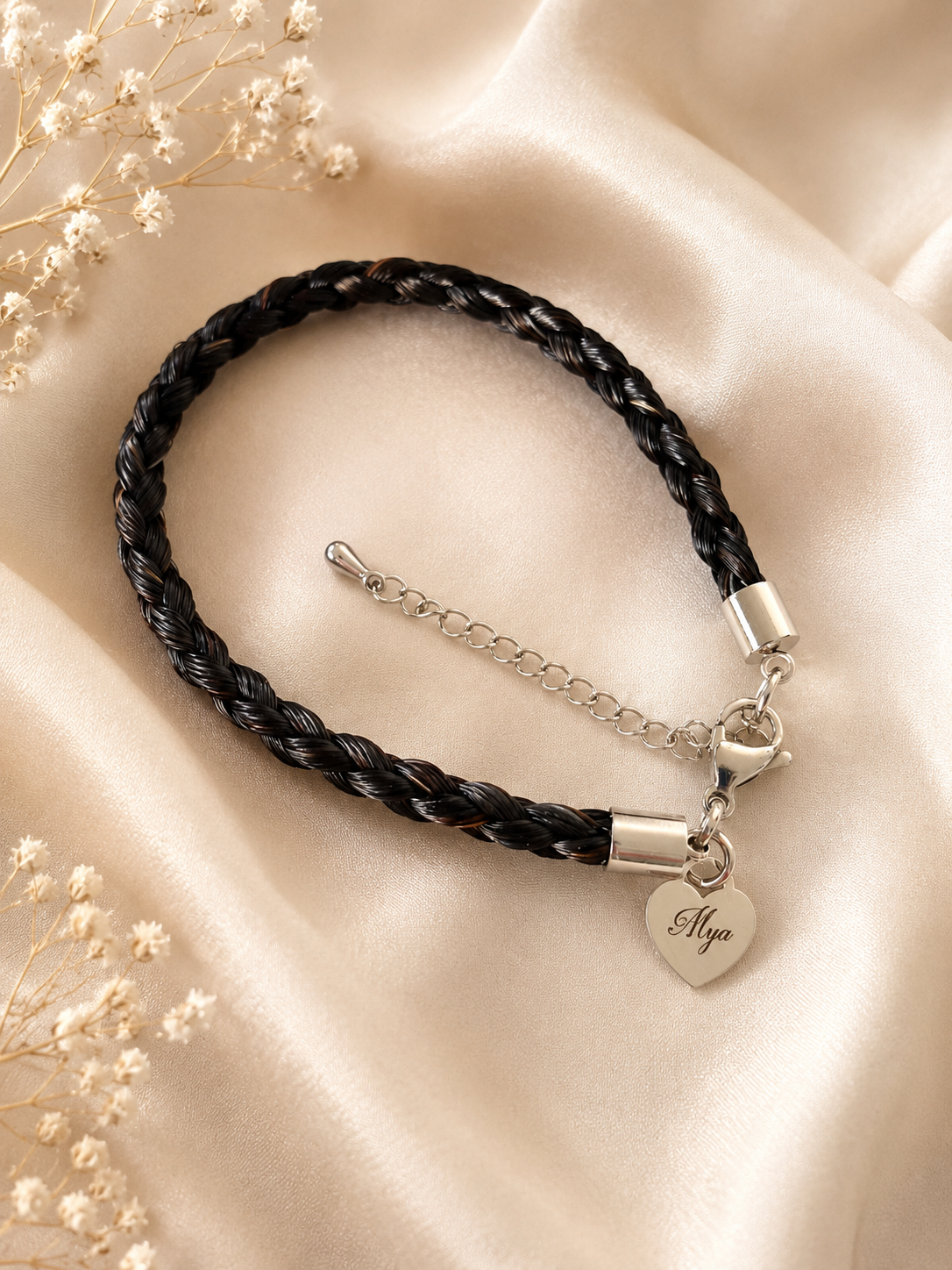 Horse hair / tail woven bracelet with engraved heart fob.