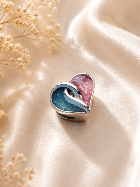 Cremation Ashes or Hair memorial split heart charm to fit snake chain or pandora style bracelet. Engraved on the back. 40 colours to choose from