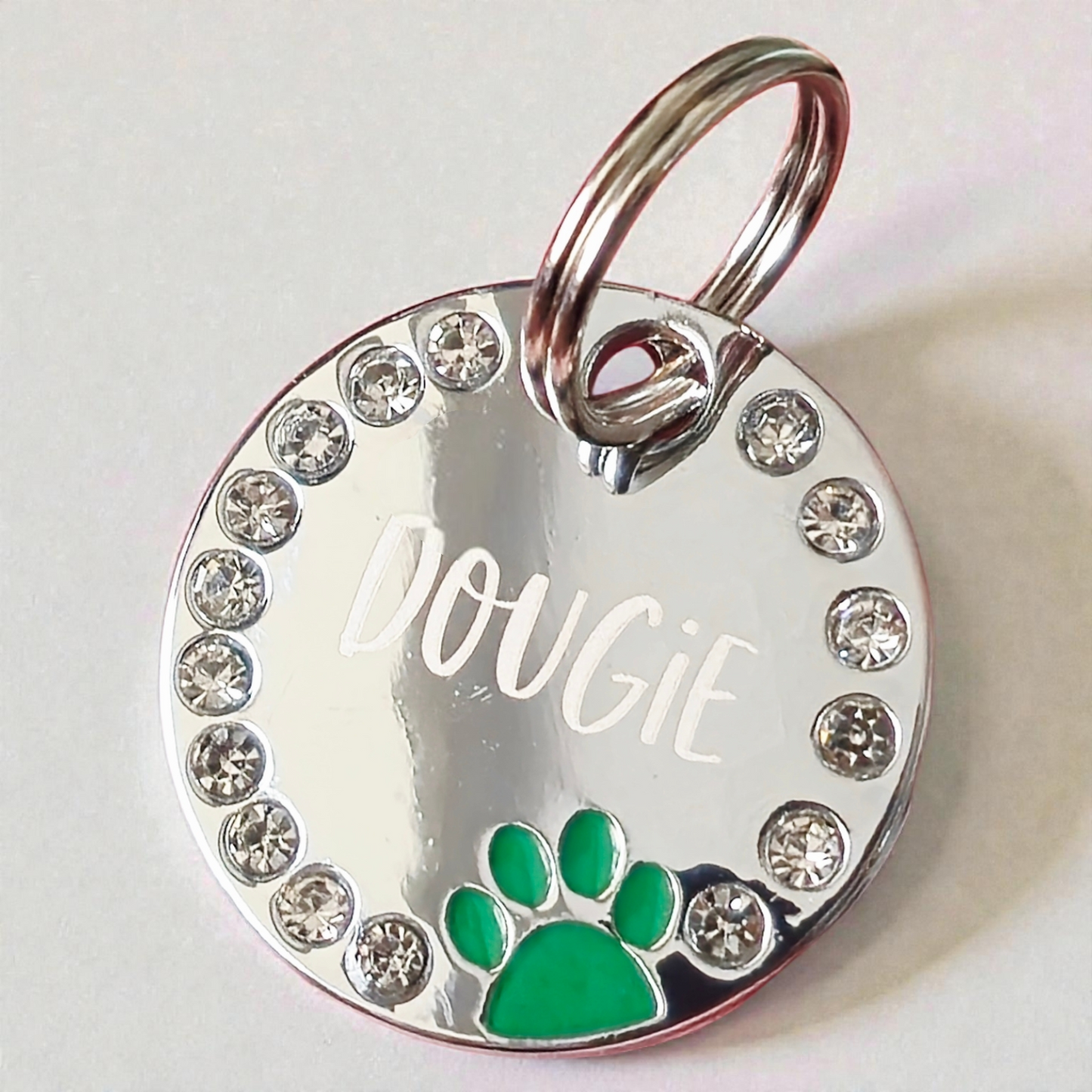 Sparkly coloured paw with diamonte dog or cat ID tag, laser engraved.