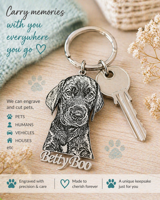 Personalised Stainless Steel Photo Cut-Out | Custom Pet, Portrait & Vehicle Keepsake | Engraved Photo Charm with text along the bottom