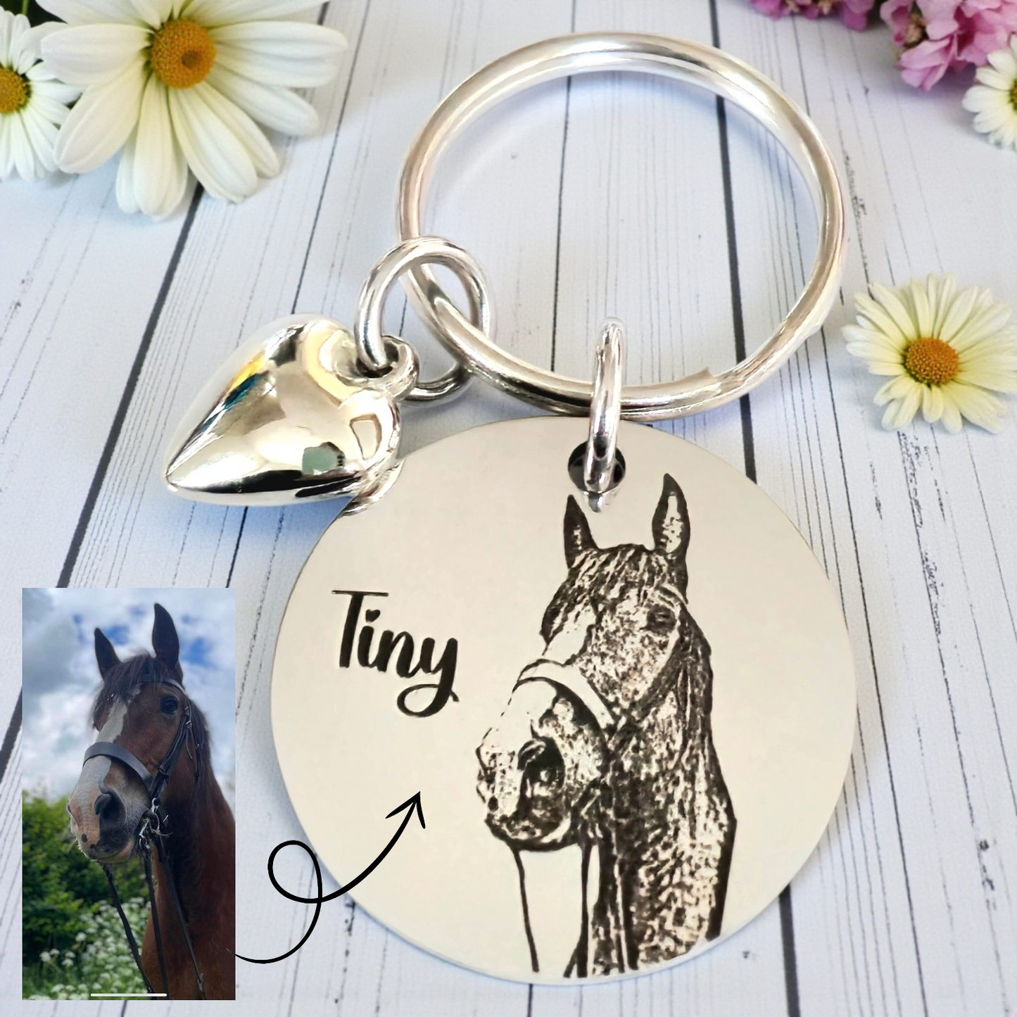 Horse Photo Keyring – Equestrian Gift, Engraved Stainless Steel Keychain, Personalised Keepsake