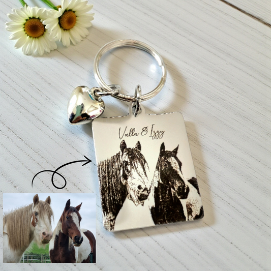 Horse Photo Keyring – Equestrian Gift, Engraved Stainless Steel Keychain, Personalised Keepsake
