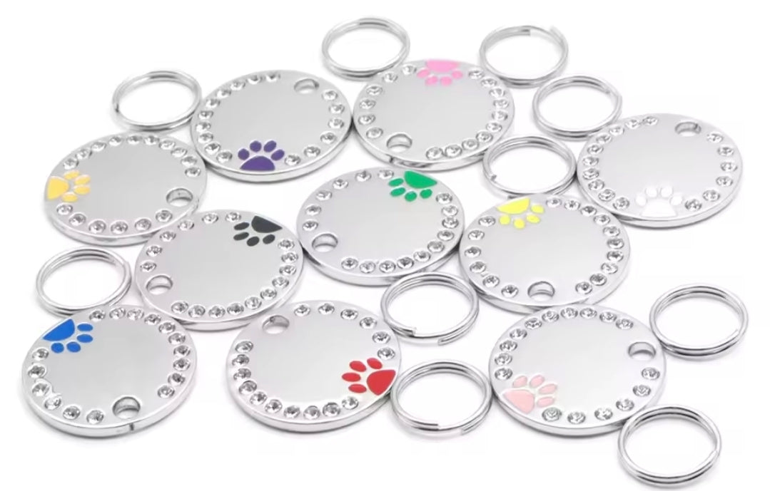 Sparkly coloured paw with diamonte dog or cat ID tag, laser engraved.