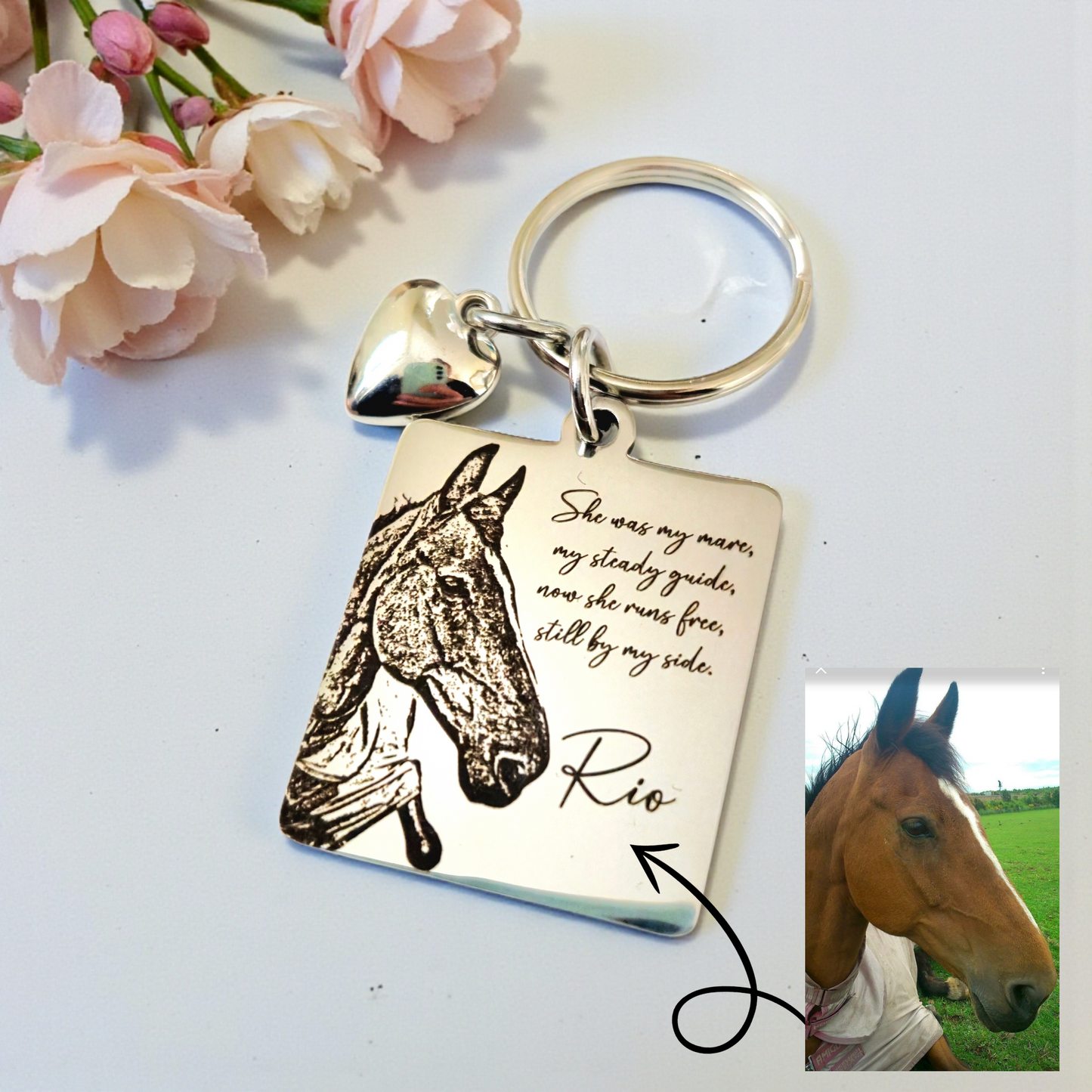 Horse Photo Keyring – Equestrian Gift, Engraved Stainless Steel Keychain, Personalised Keepsake