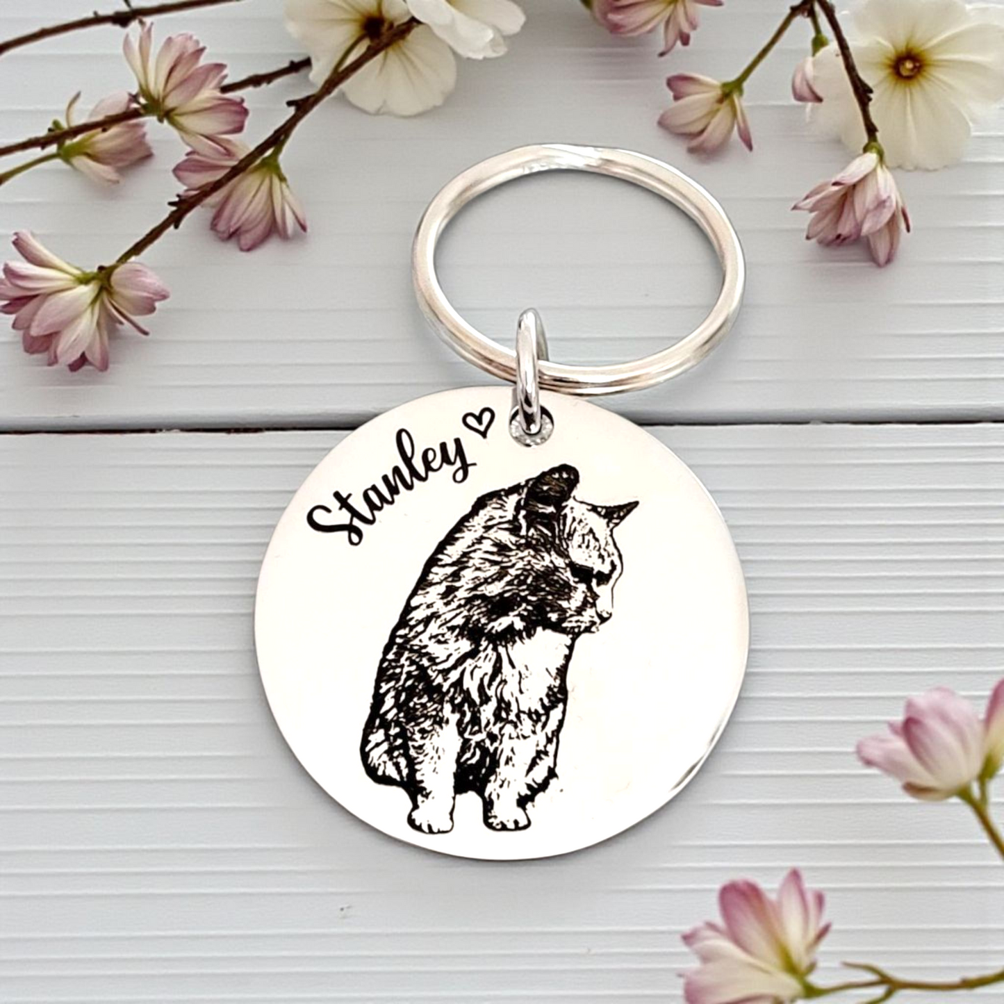 Laser Engraved photo keyring. Engraved from any clear image. Cat gift.