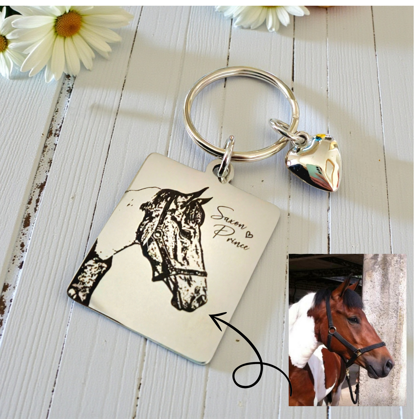 Horse Photo Keyring – Equestrian Gift, Engraved Stainless Steel Keychain, Personalised Keepsake