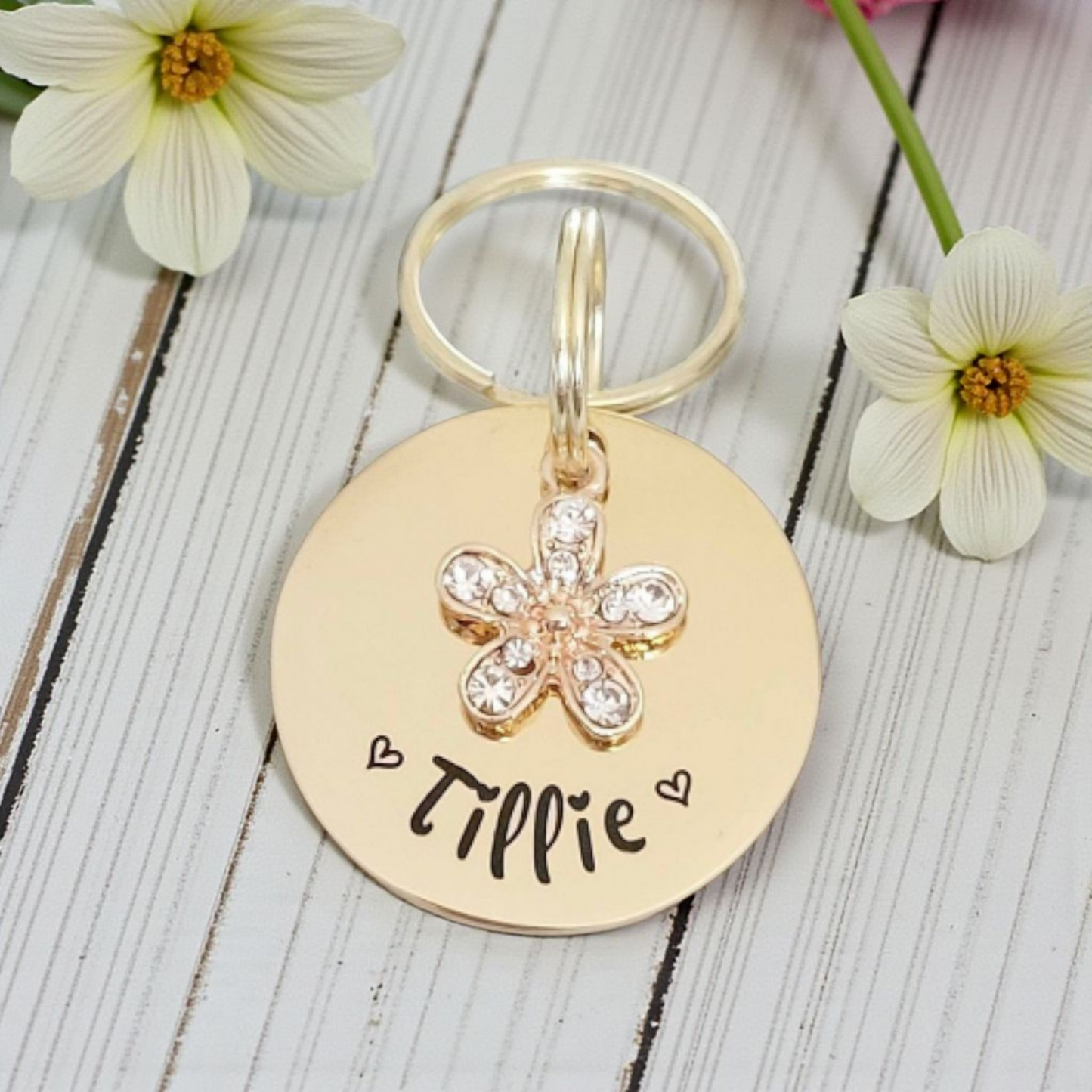 Daisy pet ID tag with sparkly daisy charm. Silver, gold or rose gold.