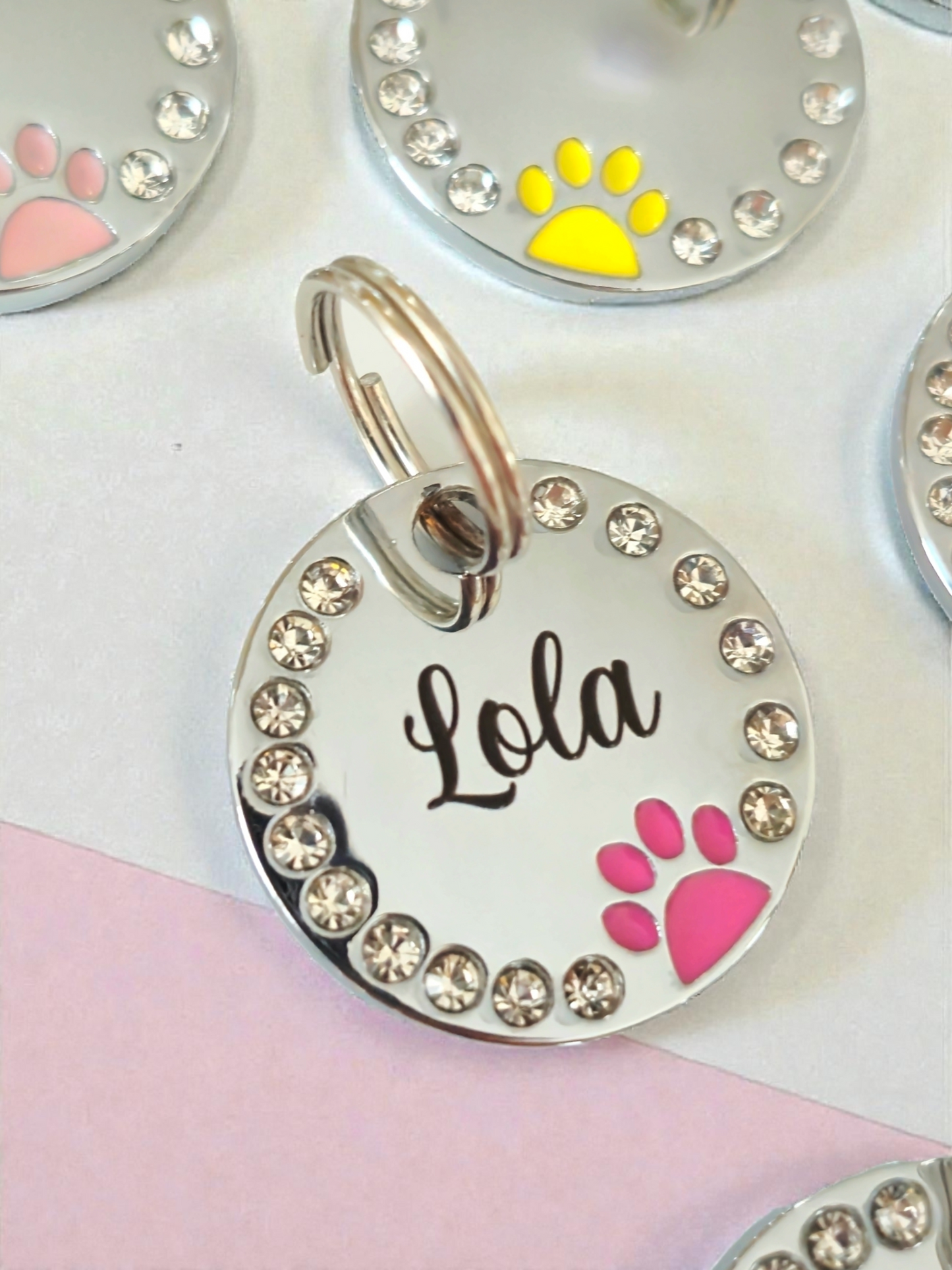 Sparkly coloured paw with diamonte dog or cat ID tag, laser engraved.