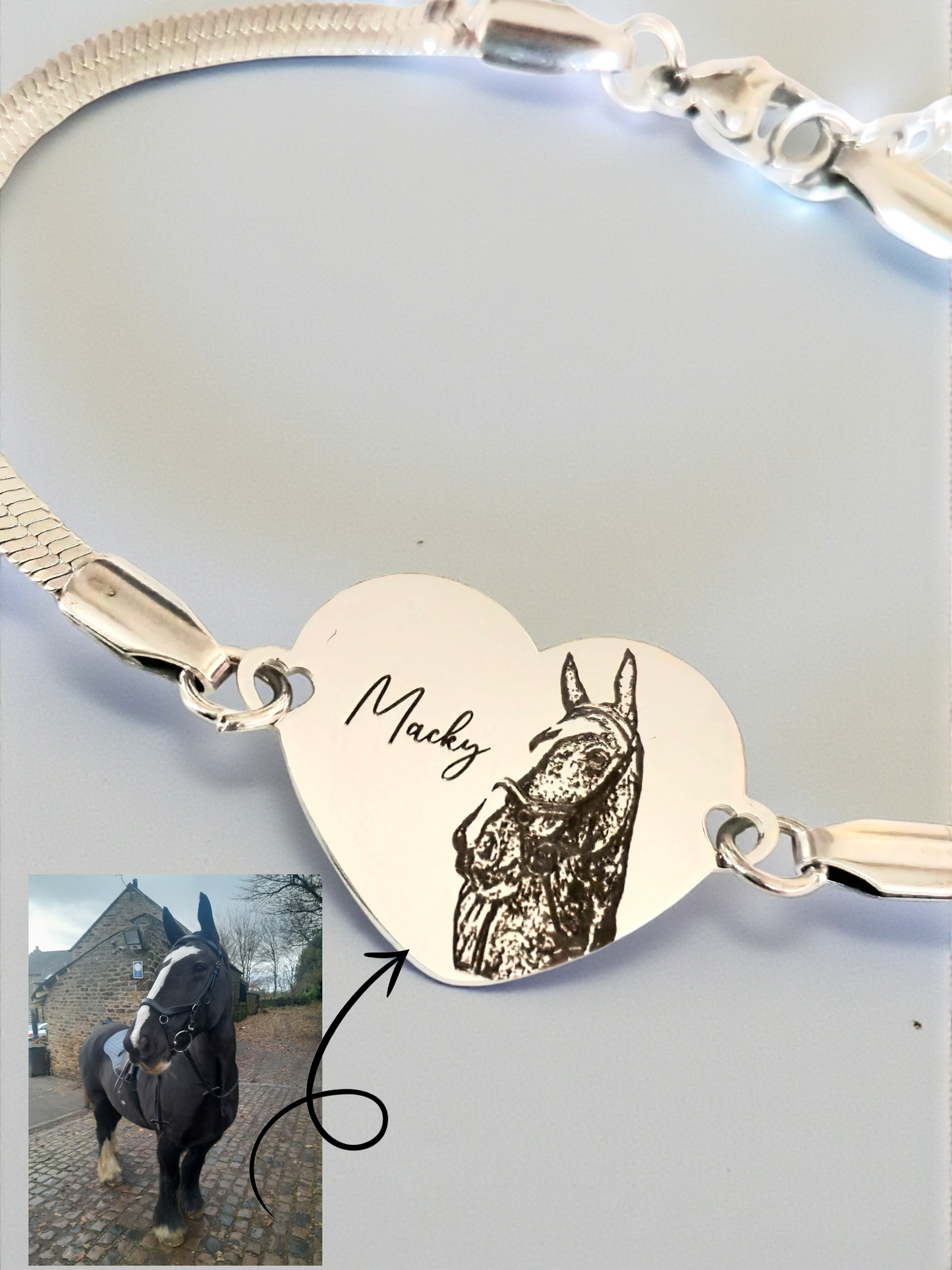 Personalised Horse Photo Bracelet – 20mm Heart Engraved in Silver or Gold (15cm + Extension)