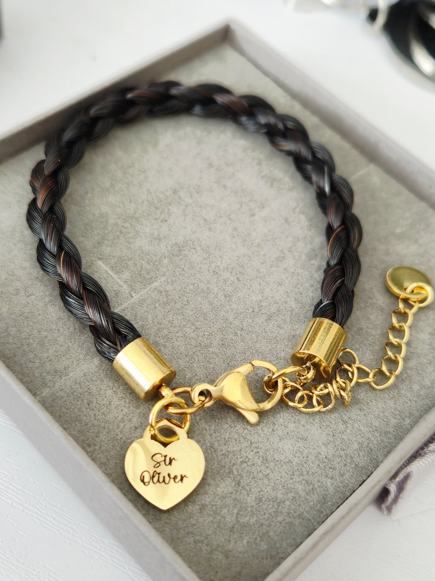 Horse hair / tail woven bracelet with engraved heart fob.